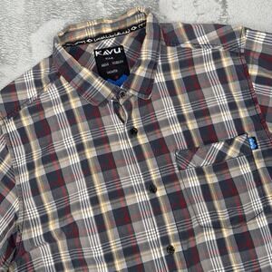 Kavu Shirt Mens Size Medium Gray‎ Plaid Button Up Short Sleeve Lightweight Camp